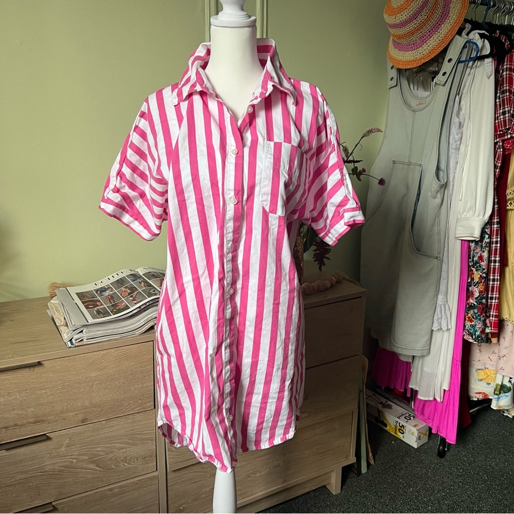 A NEW DAY Pink Stripe Relaxed Fit Button Down Shirt Cotton Midi Mini Dress Sz S